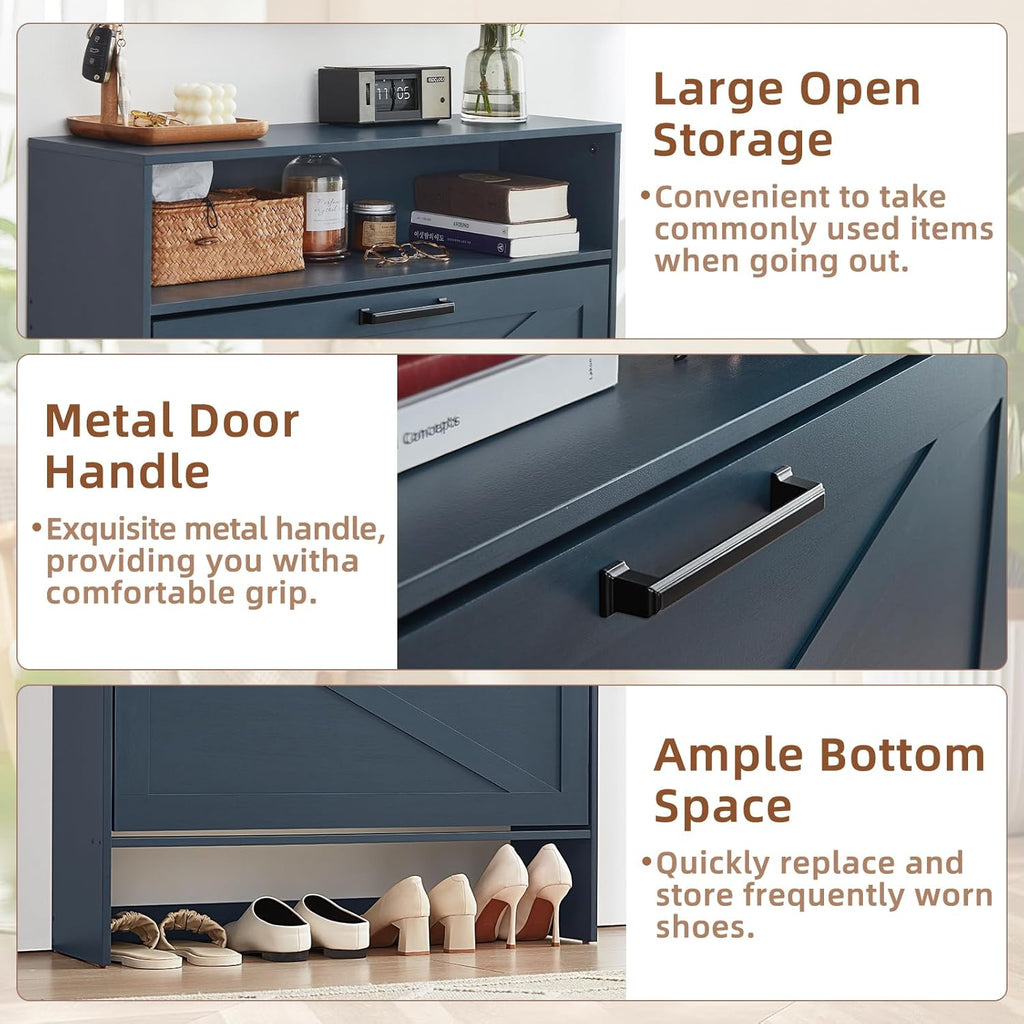 Shoe Cabinet Storage with 2 Flip Drawers Open Storage Layer Rack Narrow Organizer Slim Hidden Wood Shoe Cabinet