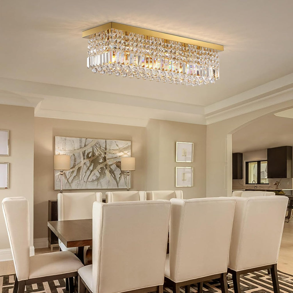 6-Light Modern Crystal Chandelier, Gold Rectangular K9 Crystal Raindrop Chandelier Flush Mount Ceiling Light Fixture