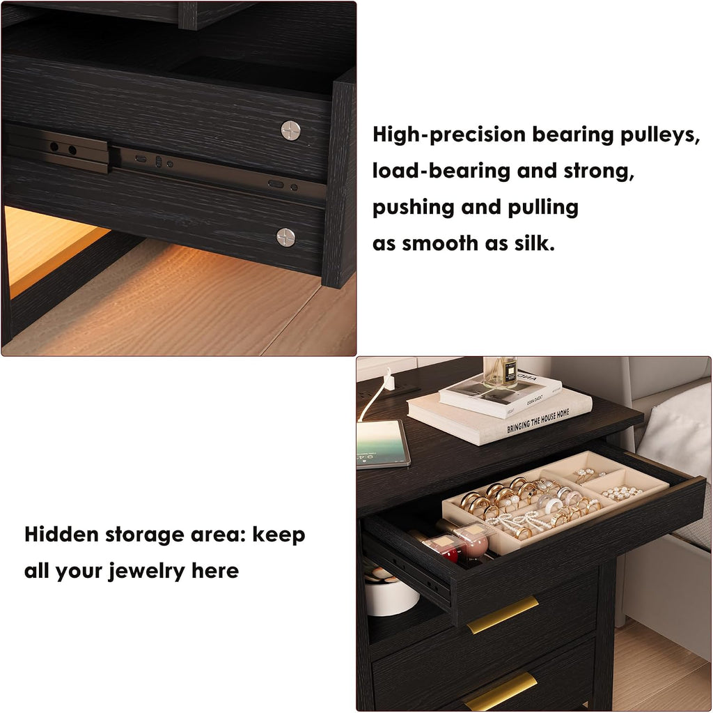 3 Drawer Nightstand with Charging Station & LED Lights & Open Shelf, Modern Night Stand with Storage, Wooden Bedside