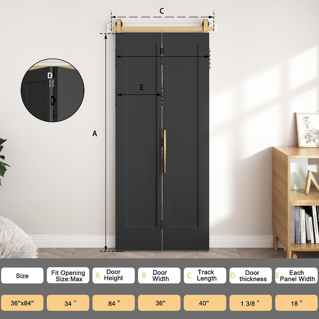 36 in.x 84 in. Bifold Barn Door, 1 Panel Vinyl Wrapped Textured Black Bifold Closet Door, Hollow Core Interior Barn