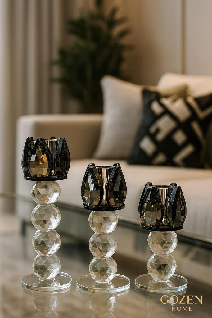 Quality Crystal Candle Holder Set 3 Piece Black Modern Glam for Dining Table, Console, Living Room - 6.3" x 5.5" - Black