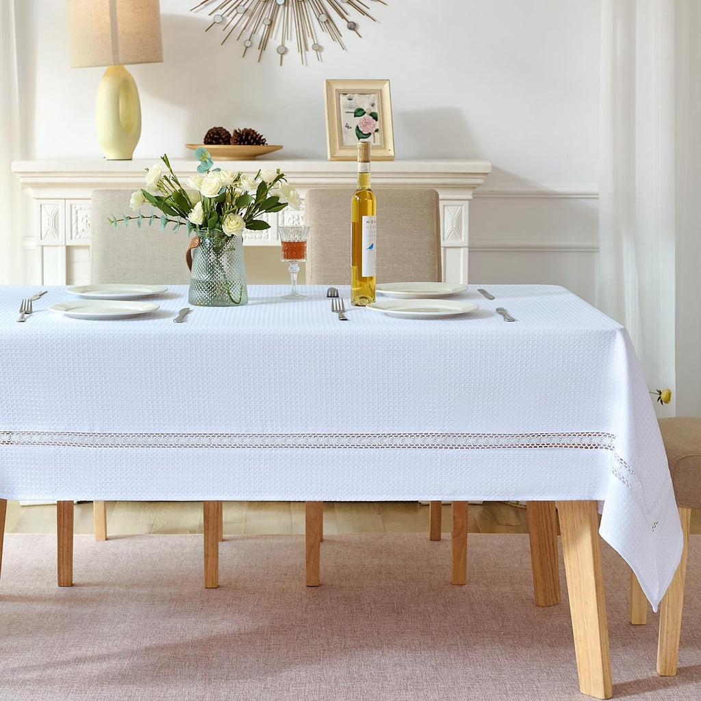 Heavy Duty Waffle Weave Jacquard Fabric Tablecloth with White Lace,Waterproof and Stain-Resistant Ta