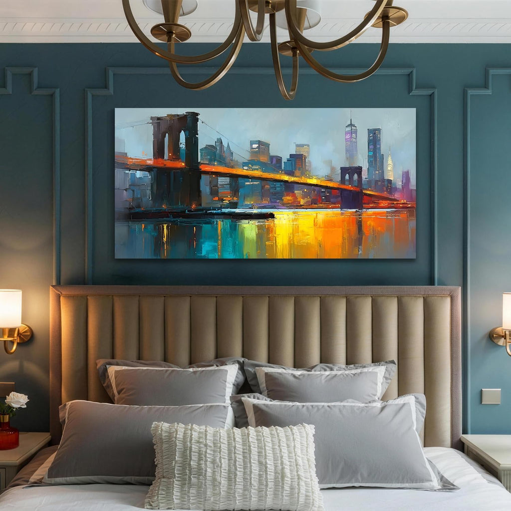 New York Brooklyn Bridge Canvas Wall Art | HD Print, night view cityscape painting, artwork for wall