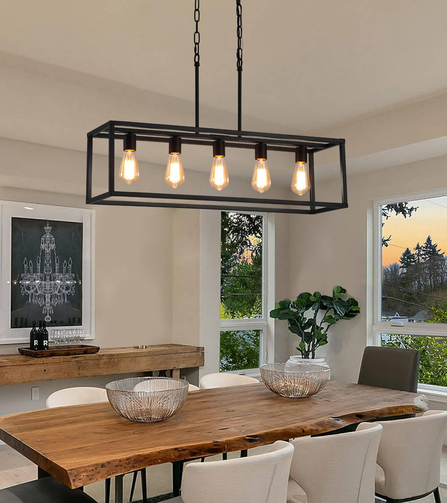 Black Rectangle Kitchen Island Lights Rectangular Modern Industrial Chandelier 5 Lights Linear Vintage Cage Light