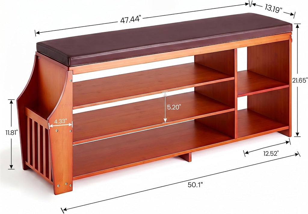 50" Bamboo Shoe Storage Bench with Padded Faux Leather Seat and 550 lbs Capacity, 3-Level Adjustable Shelf, Side