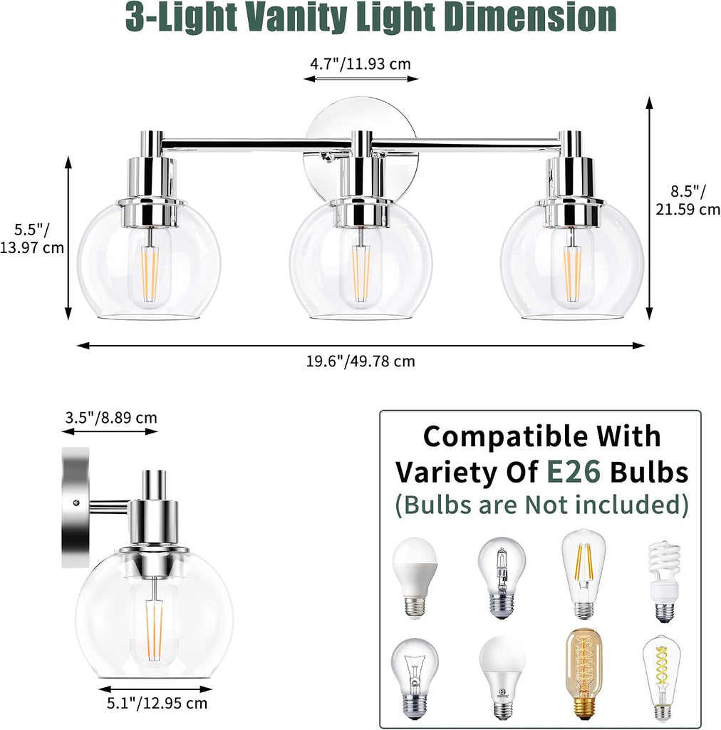3 Lights Bathroom Vanity Light Fixtures Chrome, Bathroom Lights Over Mirror, Industrial and Farmhouse 3 Light Wall