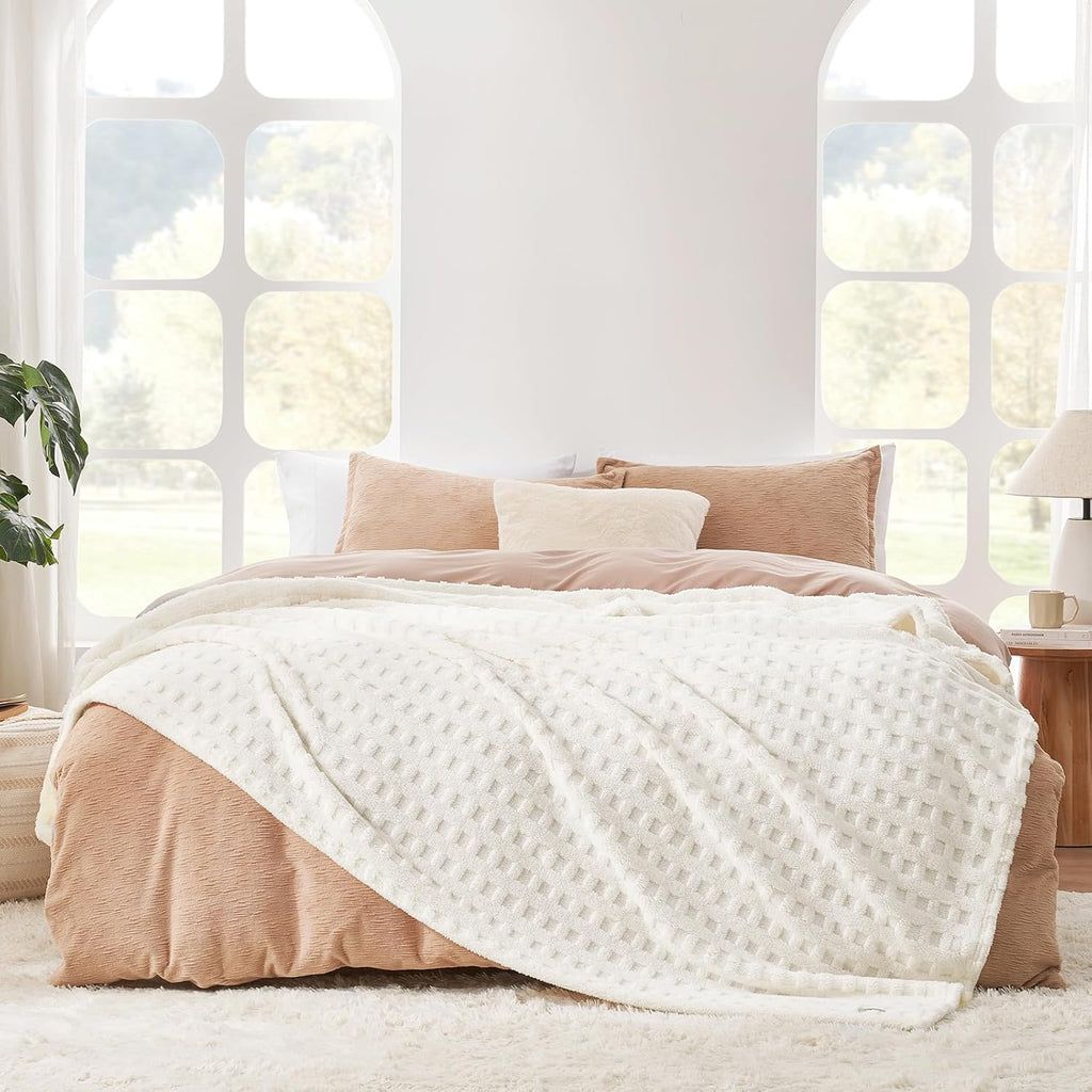 Ultrasoft Waffle Throw Blanket, Fluffy Cute Plush Blanket, Modern Home Accent, Portable for Picnic or Outdoor, Ivory