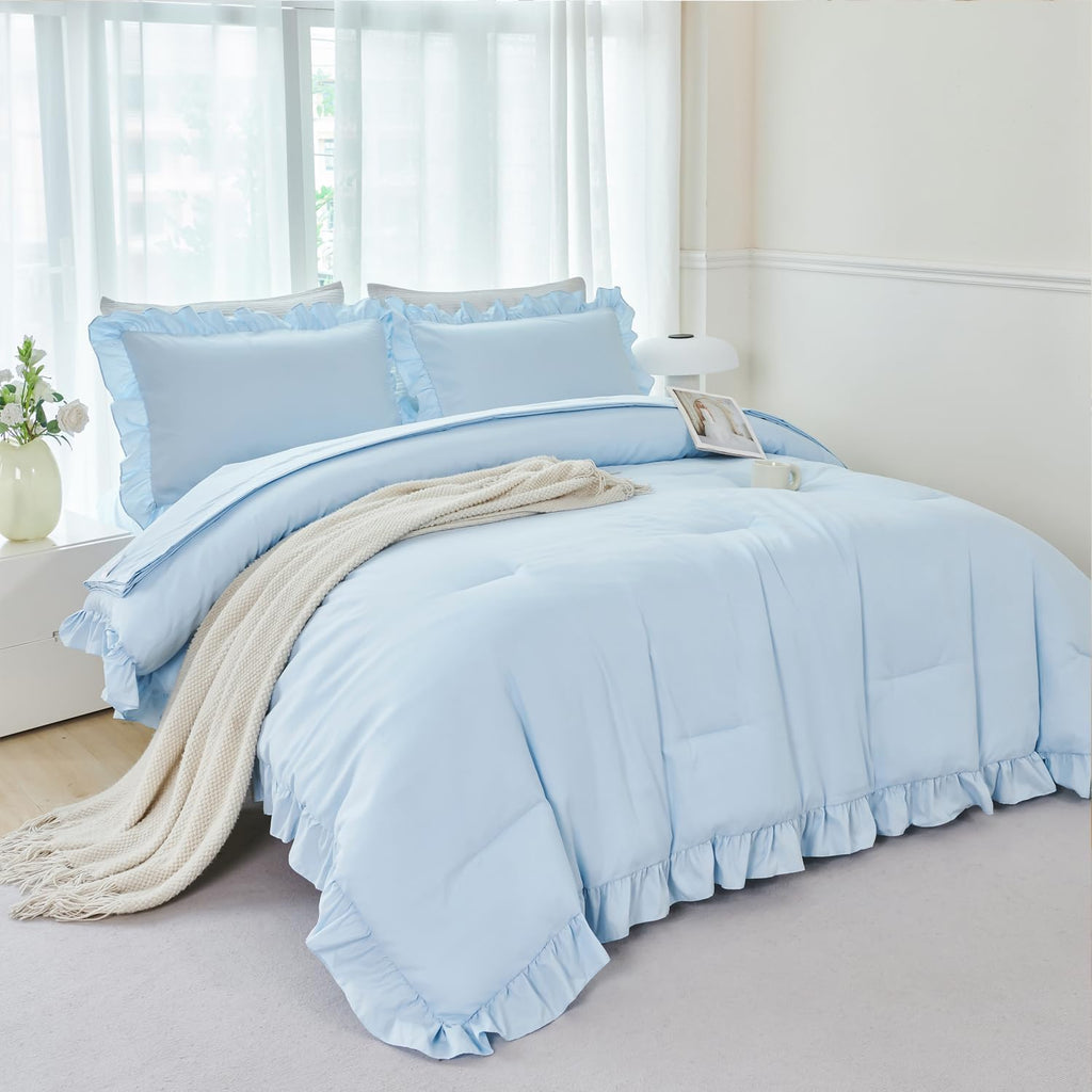 5 Pieces Light Blue Full Bed in A Bag for Kids Girls Ruffle Bedding Sets Boho Comforter Set Vintage Farmhouse Bedding - Set of 5