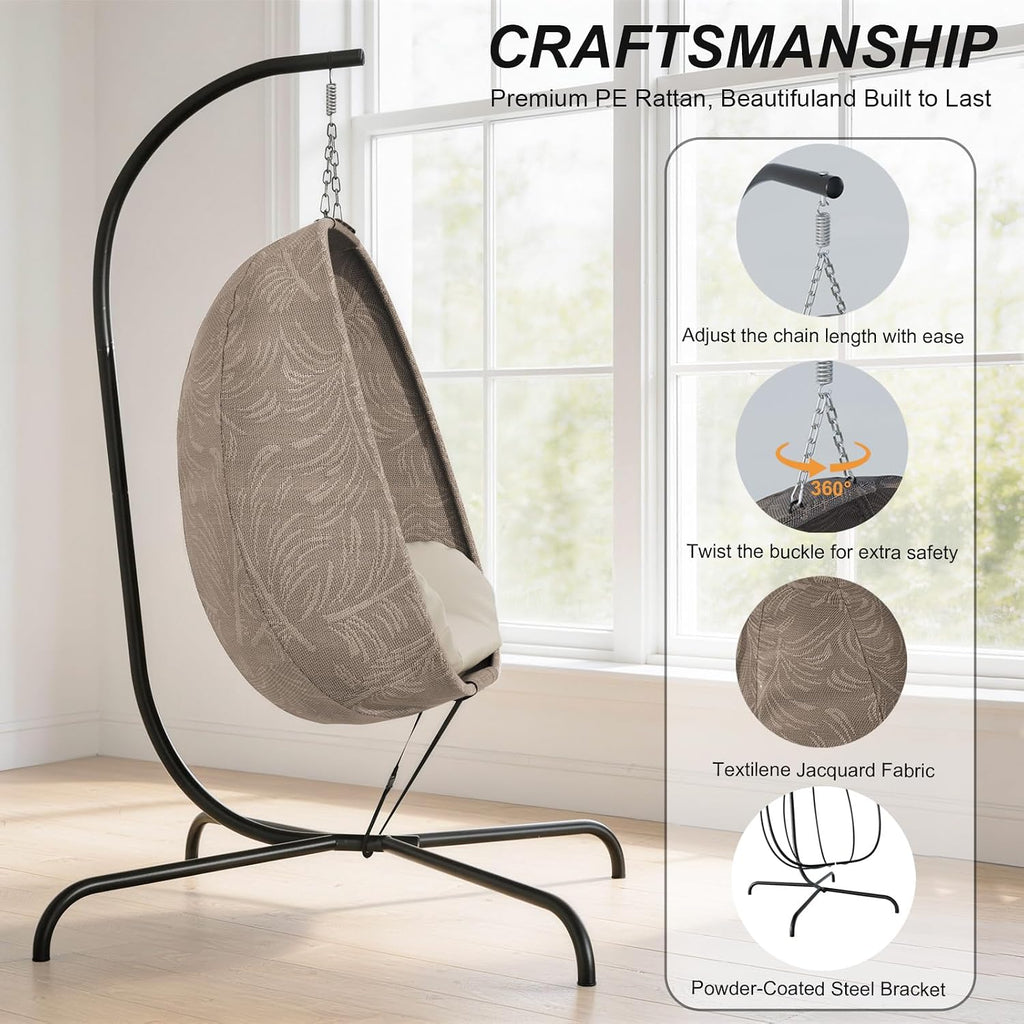 Foldable Egg Chair with Stand, 485LBS Capacity Textilene Hammock Swing Chair for Outdoor & Indoor, Patio Hanging