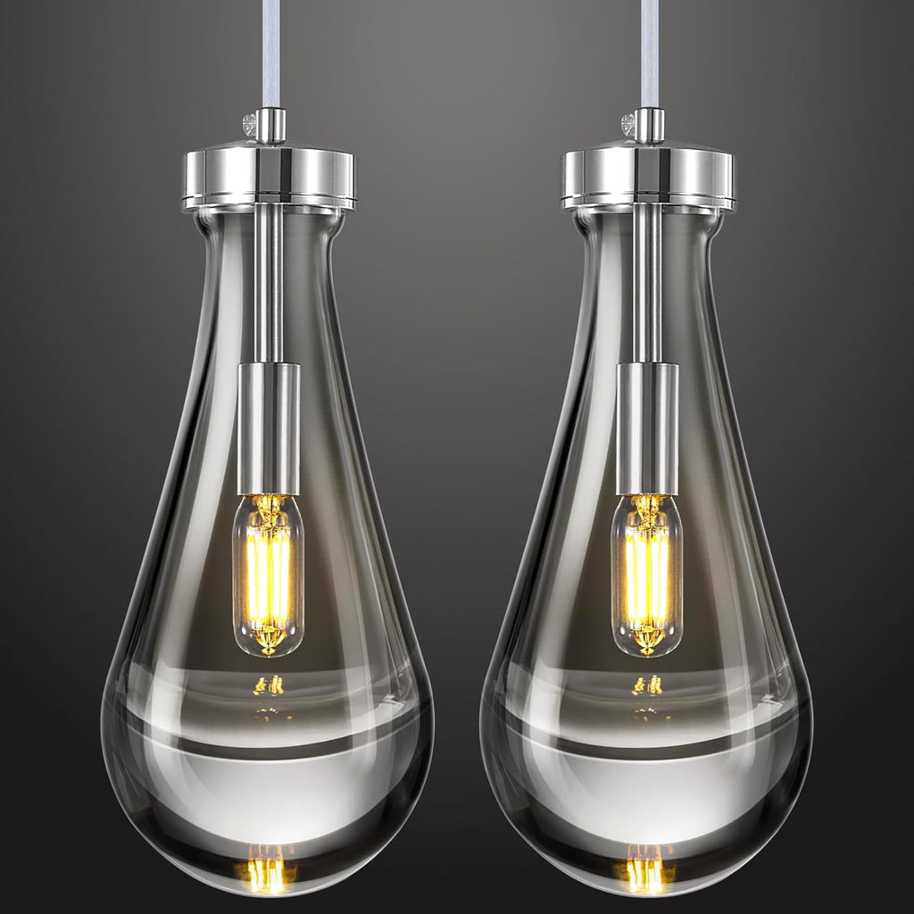 Raindrop Pendant Lights Kitchen Island Set of 2 Teardrop Chrome Hanging Light Fixtures Clear Solid Glass Pendant Light Modern Chandeliers for Dining Room Porch Corridor Living Room A121-B0BN144WF8