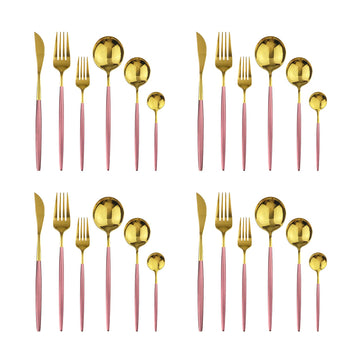 24Pcs Gold Mirror Silverware Flatware With Pink Handle, 18/0 Stainless Steel Cutlery Set Utensils Kitchen Dinnerware