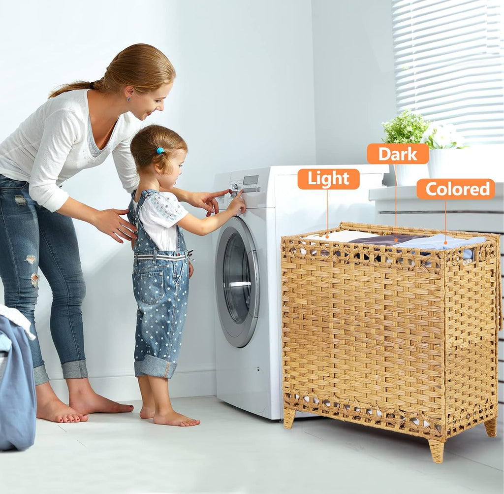 Laundry Hamper with 3 Removable Liner Bags, 132L Laundry Sorter with Lid | Raised Feet; Side Carry Handles; Handwoven