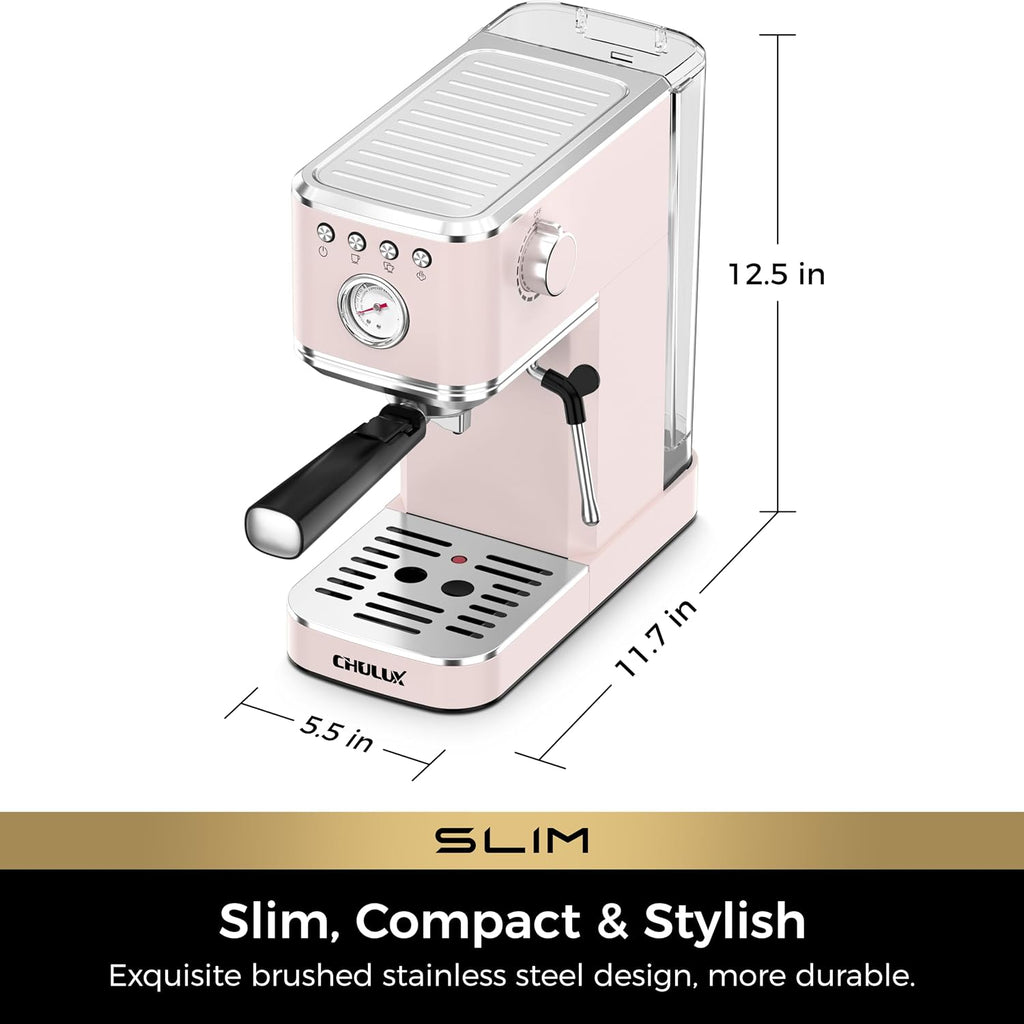 Slim Espresso Machine with Milk Frother Cappuccino, Pink | Precise Pressure Gauge, Food-Grade Materials, 20 Bar