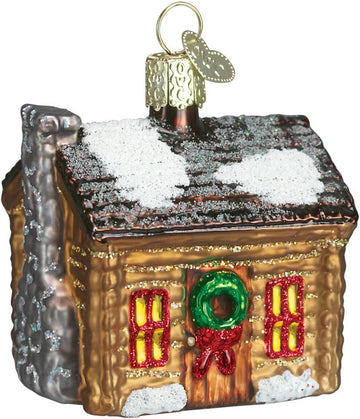 Log Cabin Glass Blown Ornament, Handcrafted Holiday Decoration, Cottage Collection
