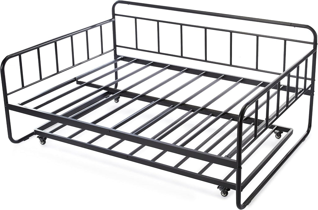 Full Size Daybed and Twin Size Trundle Bed Frame Set, Space Saving Steel Slat Support, Sturdy Metal Design, Easy