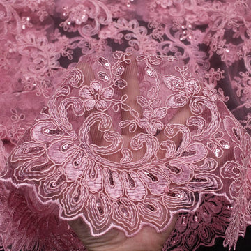 Melody Pink Polyester Floral Embroidery with Sequins on Mesh Lace Fabric by the Yard for Gown, Wedding, Bridesmaid