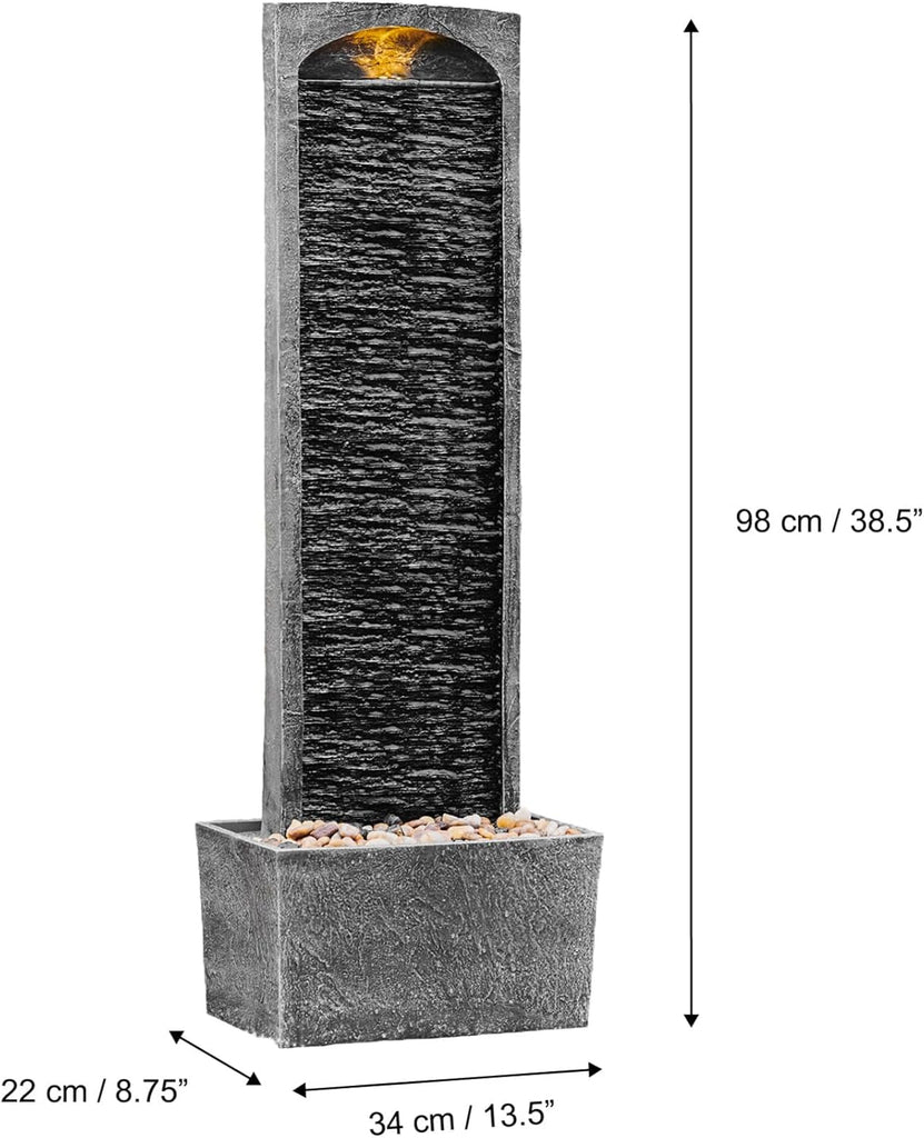 38.5" Faux Slate Contemporary Outdoor LED Waterfall Fountain with Pebble Base, Gray/Black