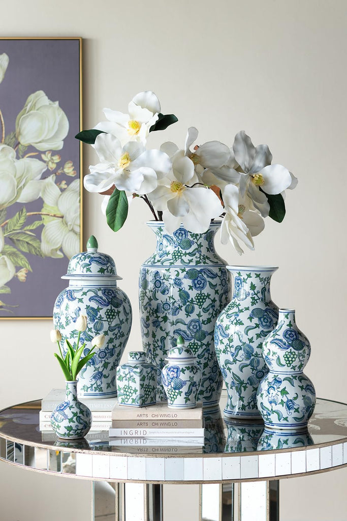 Decorative Porcelain Home Accents with Blue and Green Cherry Blossom Motif, Includes Traditional Ginger Jar - Set of 3