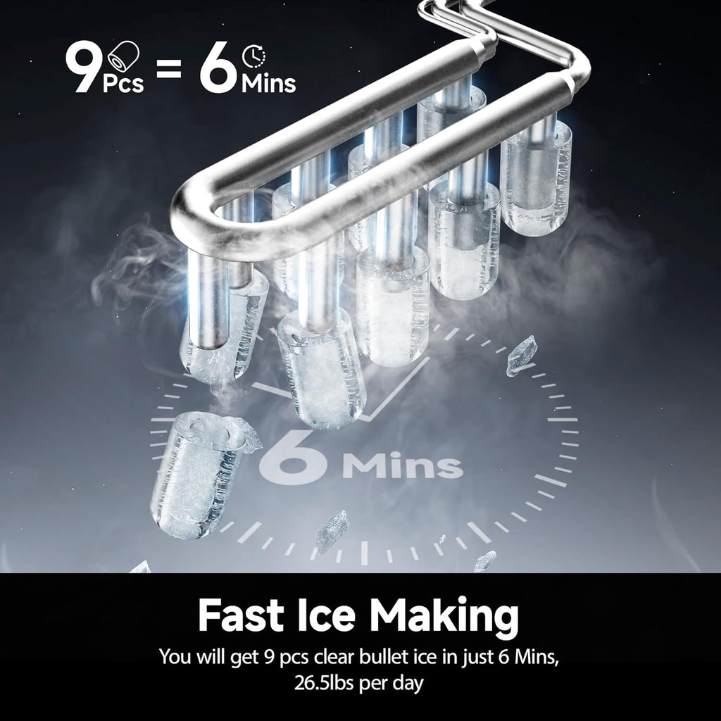 Ice Maker Countertop with Carry Handle, 9 Cubes Ready in 6 Mins, 26.5lbs/24H, Self-Cleaning, 2 Sizes of Bullet Ice