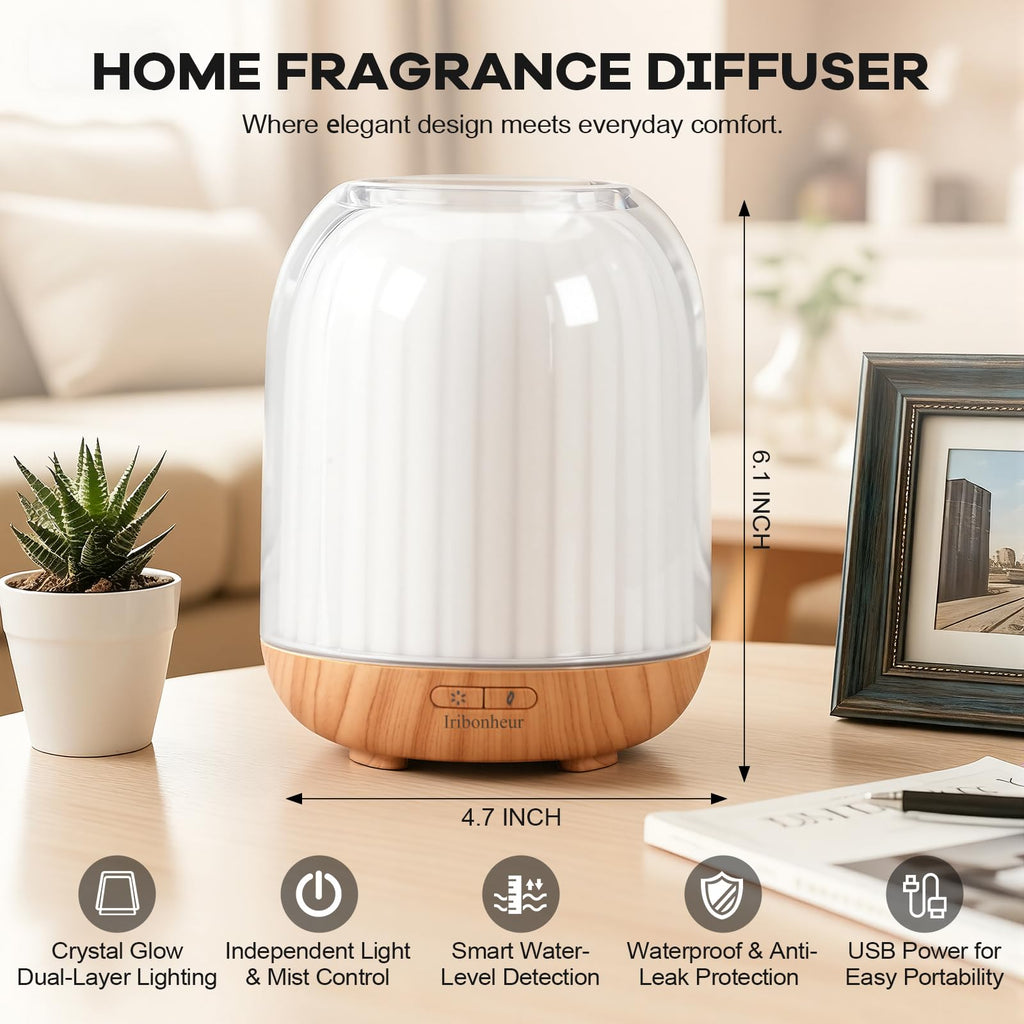 Essential Oil Diffuser with Night Lamp | 120ml USB Portable Aroma Diffuser with Wood-Grain Base & Glass-Look Cover