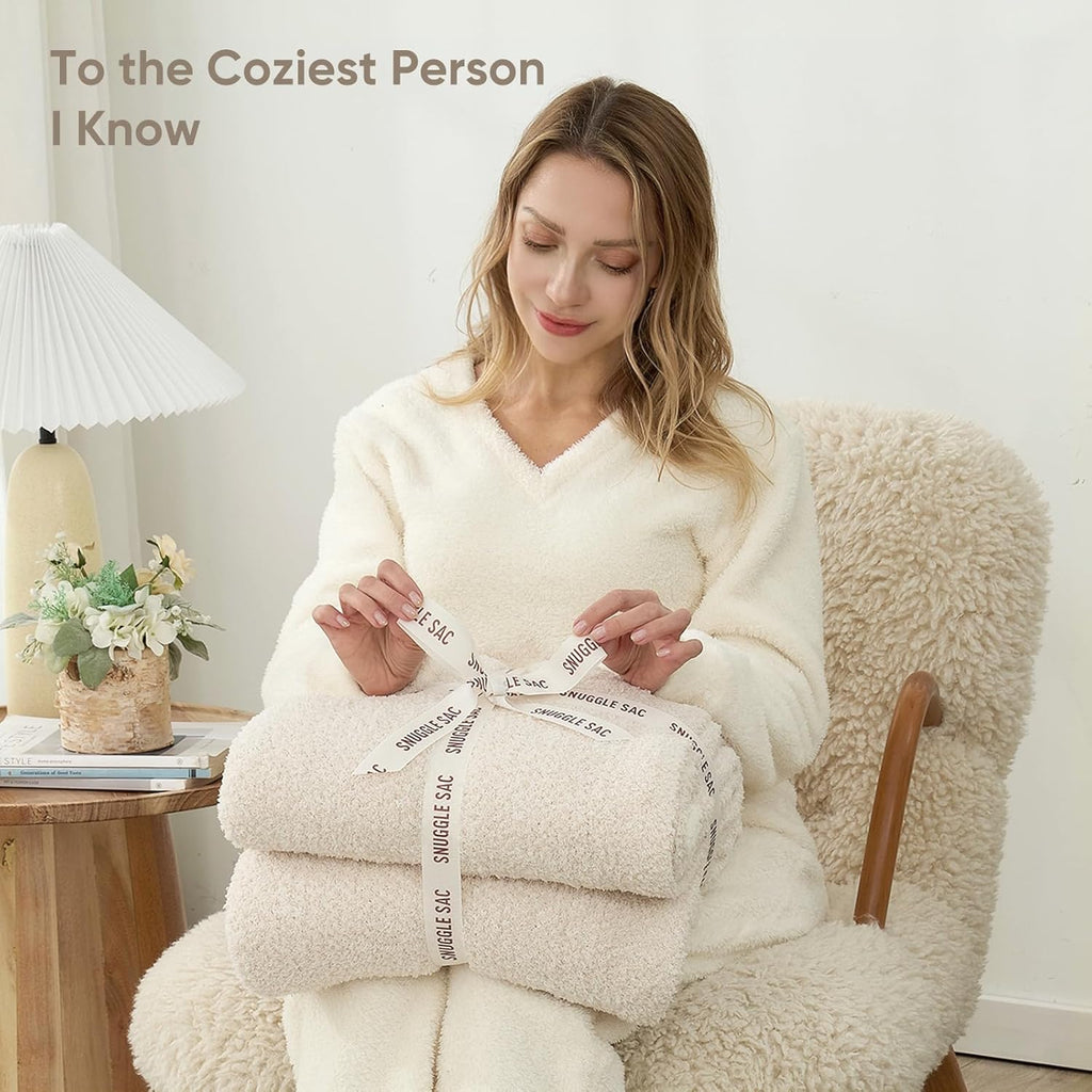 Buttery Ivory Throw Blanket, Reversible Super Soft Knitted Blankets, Warm Cozy Knit Fuzzy Plush Lightweight Throws
