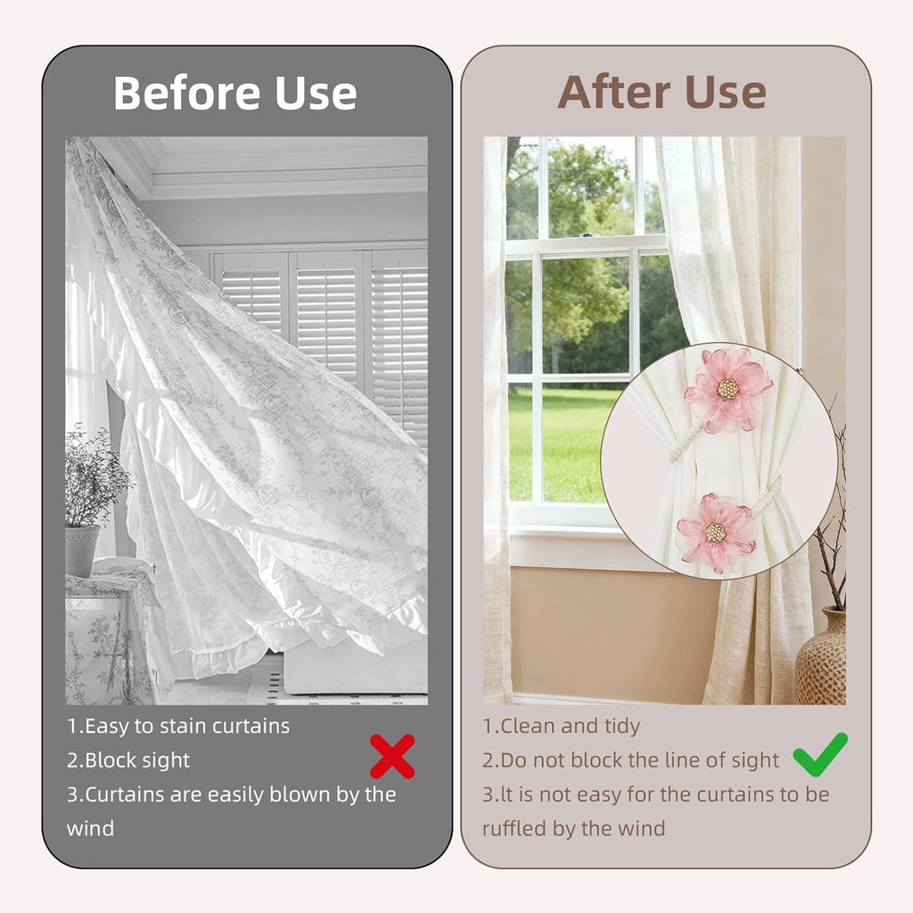 2 Pack Flower Curtain Holdbacks, No Drill Curtain Tiebacks for Drapes, Premium Fabric Curtain Ties, Decorative