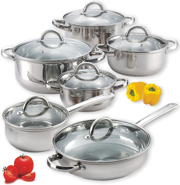 Kitchen Cookware Sets, 12-Piece Basic Stainless Steel Pots and Pans, Silver | Stay-Cool Handle, Induction Compatible
