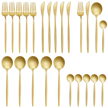 24 pcs Flatware Set, Gold Stainless Steel Flatware Set for 6, Knife Fork Spoon, Home Dinnerware Tableware Set for 6