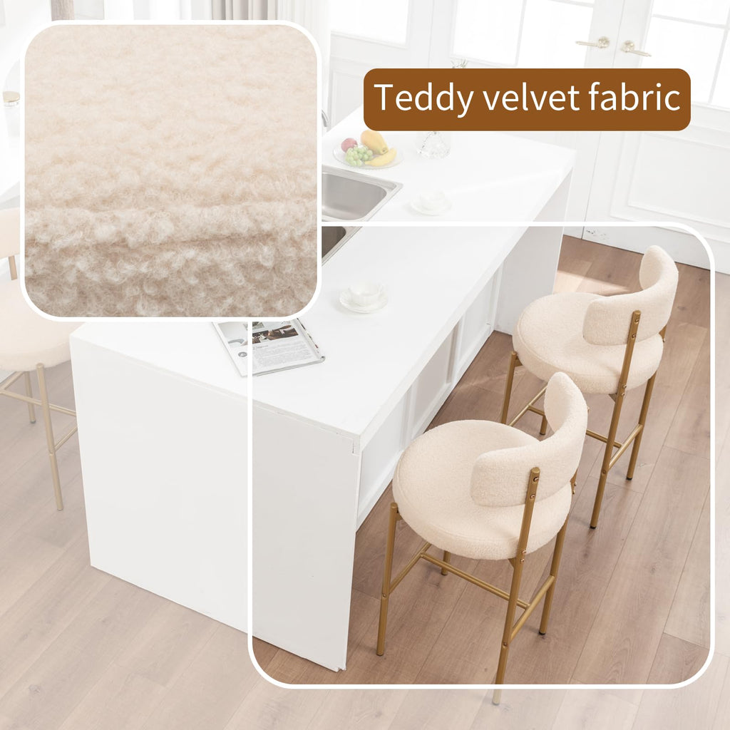 Gold Boucle Bar Stools Set of 2, 26" Modern Counter Stools with Backs, Beige Upholstered Barstools Island, Bar, Cafe