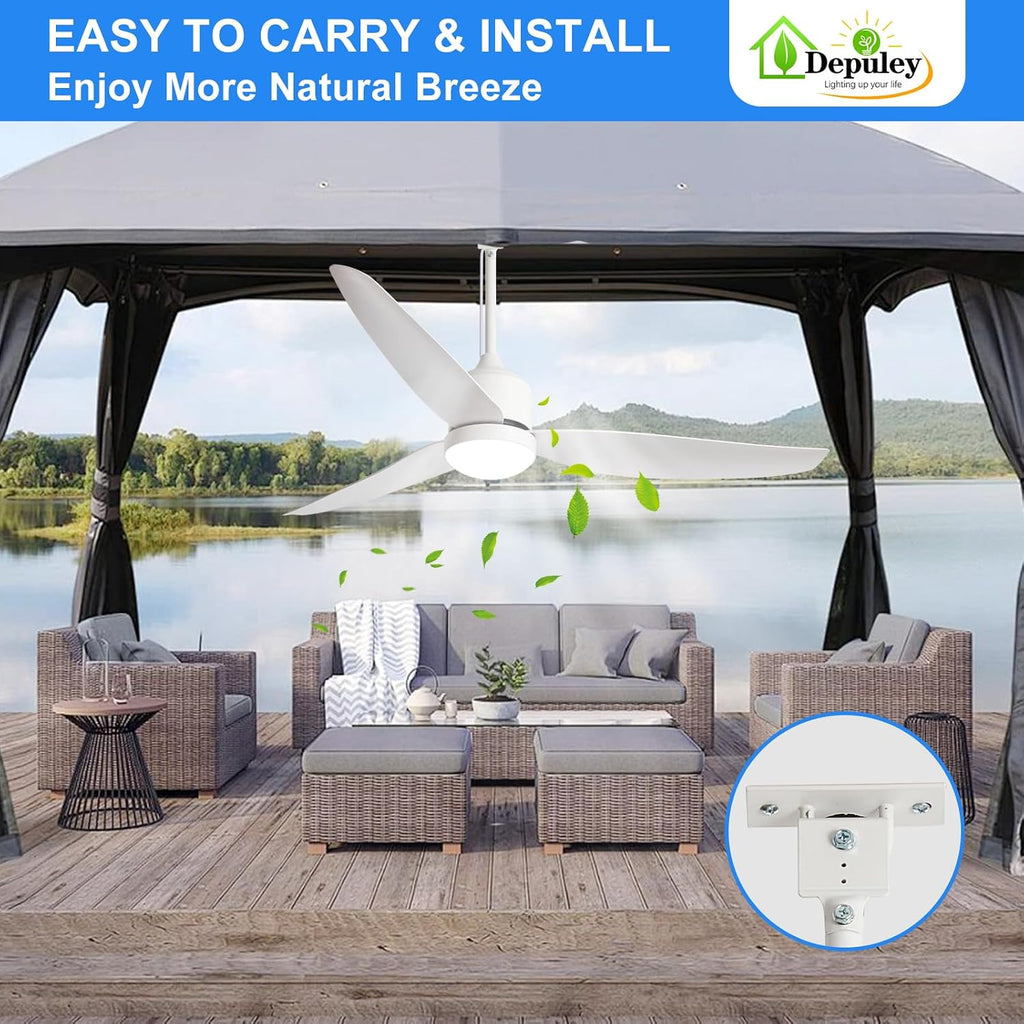 52 Inch White Waterproof Gazebo Fans with Lights Outdoor Hanging - Plug in Remote App Control for Patios Farmhouse Porch - 6 Speed Reversible DC Motor