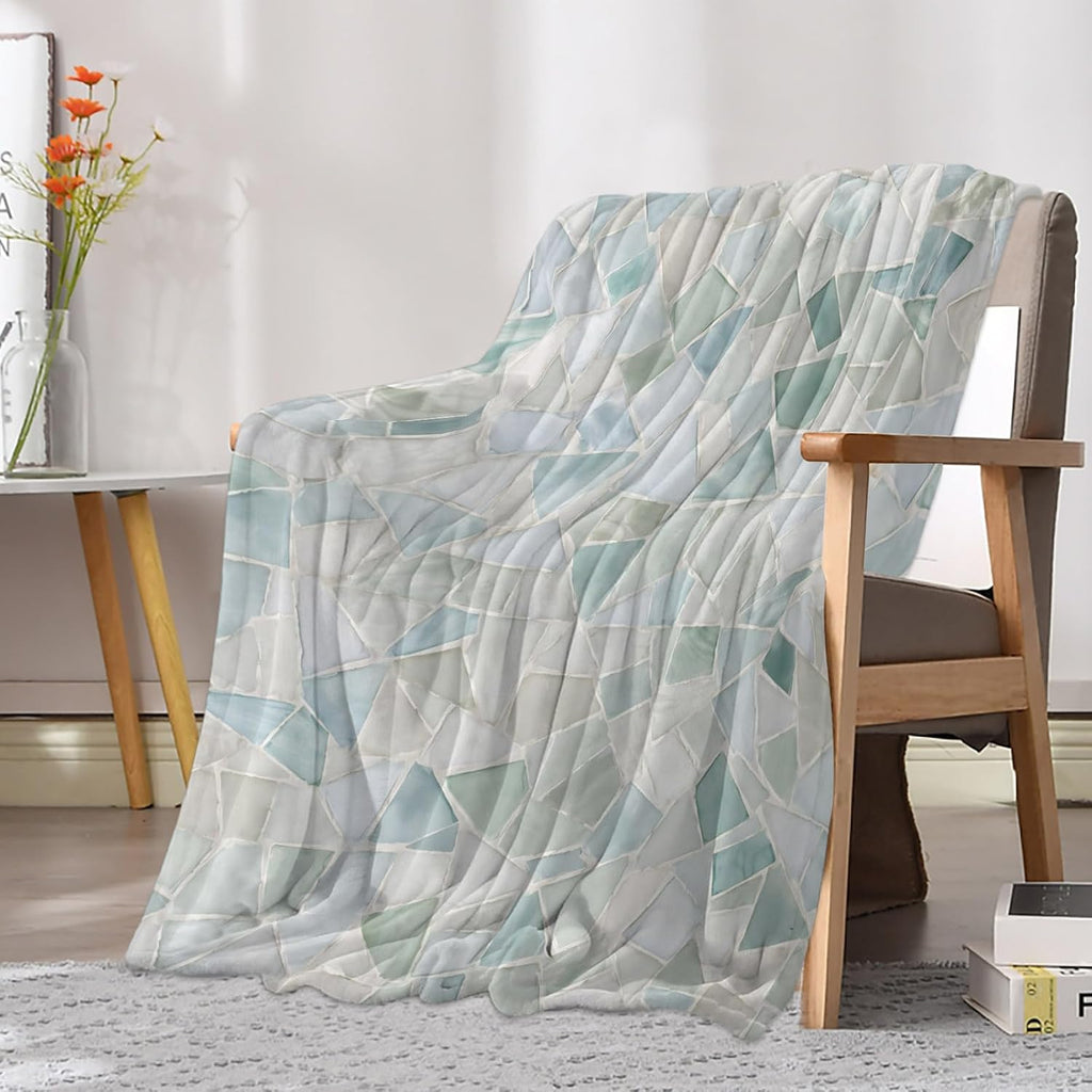Vintage Stone Print Throw Blanket Boho Coastal Teal Mosaic Texture Flannel Cozy Soft Warm Fleece Blankets, 50 x 60 inch