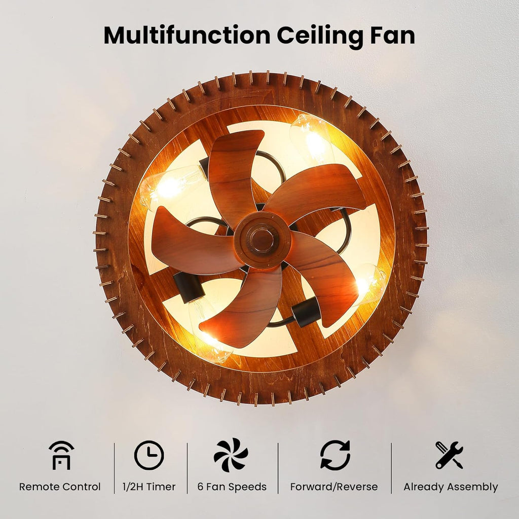 20" Flush Mount Caged Ceiling Fan with Light, Farmhouse Low Profile Ceiling Fan with Remote