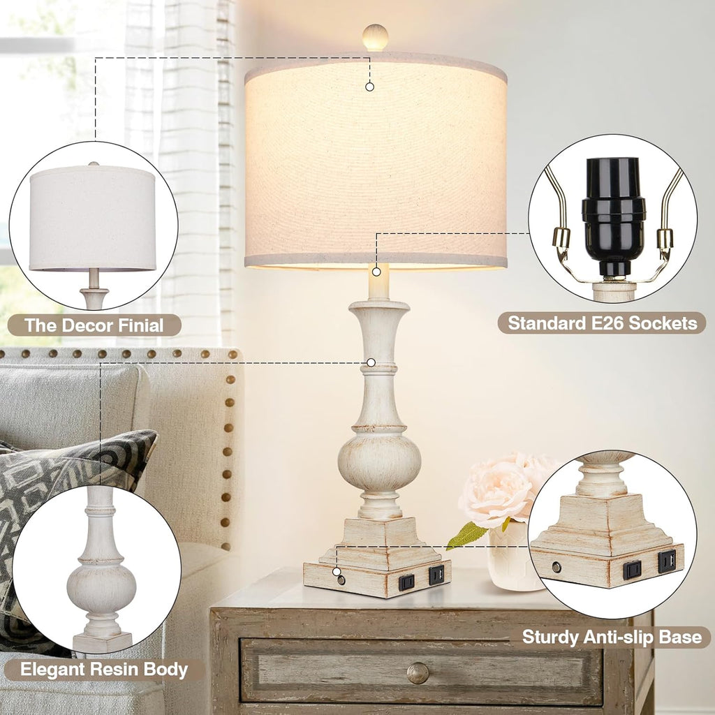 26" Farmhouse Table Lamp, Vintage Rustic Touch Control Bedside Lamp with 2 USB Ports & AC Outlet