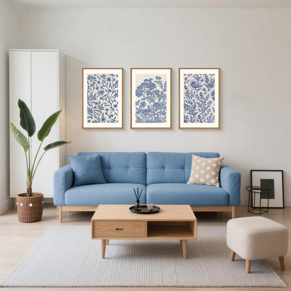 Large Classic Chinoiserie Flower Framed Canvas Wall Art Set,Minimalist Blue and White Floral Wall Decor,Navy