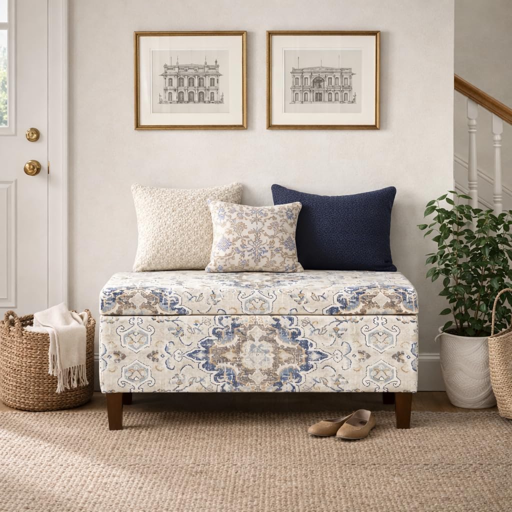 Ottomon Upholstered Rectangular Storage Ottoman Bench with Hinged Lid, Brown and Cream Large