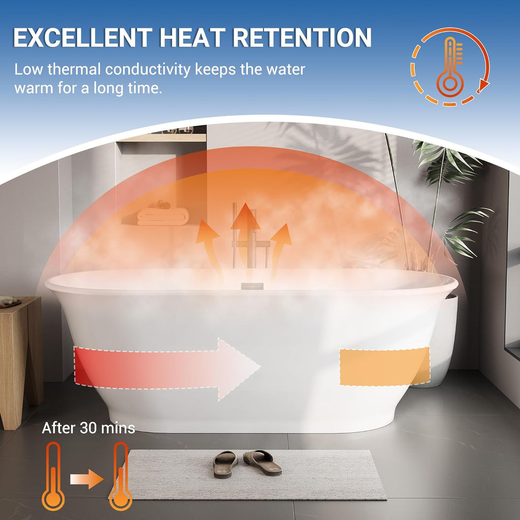 59 inch Acrylic Oval Rim Freestanding Bathtub, Full White, Comfort Soaking Tub for Home Spa & Muscle Recovery, Pop-Up