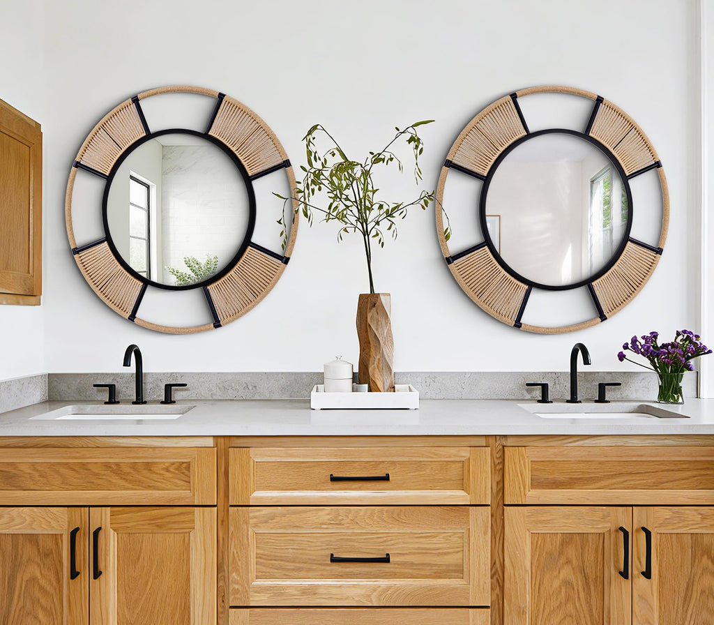 Hand‐Woven Jute Rope Round Wall Mirror, 30''Modern Boho Mirror Decor