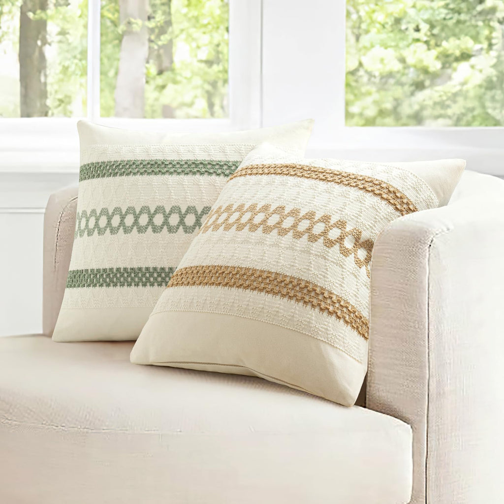 Set of 2 Sage Green Boho Decorative Pillow Covers 18x18 Inch Farmhouse Rustic Couch Throw Pillows Modern Summer