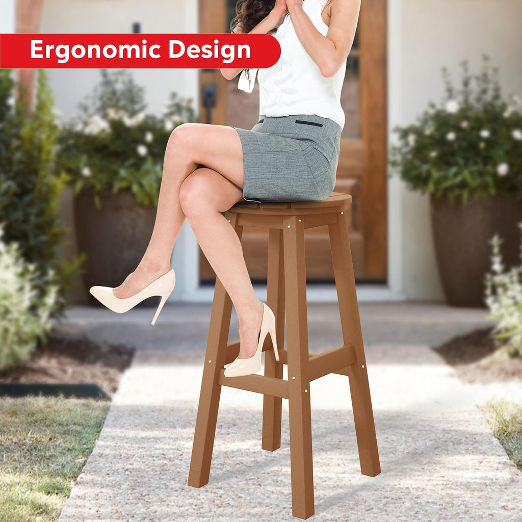 29" Height Outdoor Bar Stools, All-Weather Bar Stools, Adirondack Poly Patio Round Bar Stool Counter and Garden, Teak