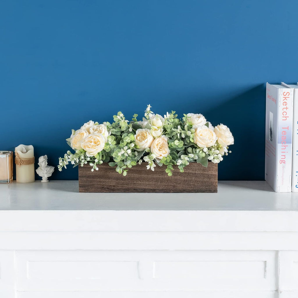 Centerpiece Table Decorations Farmhouse Table Centerpieces Decor Wood Tray with 3 Artificial Flowers and 2 Eucalyptus