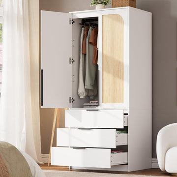70" Wardrobe Armoire Wooden Closet with 3 Drawers, White | Bedroom Armoire with Hanging Rod Shelf, Large Capacity