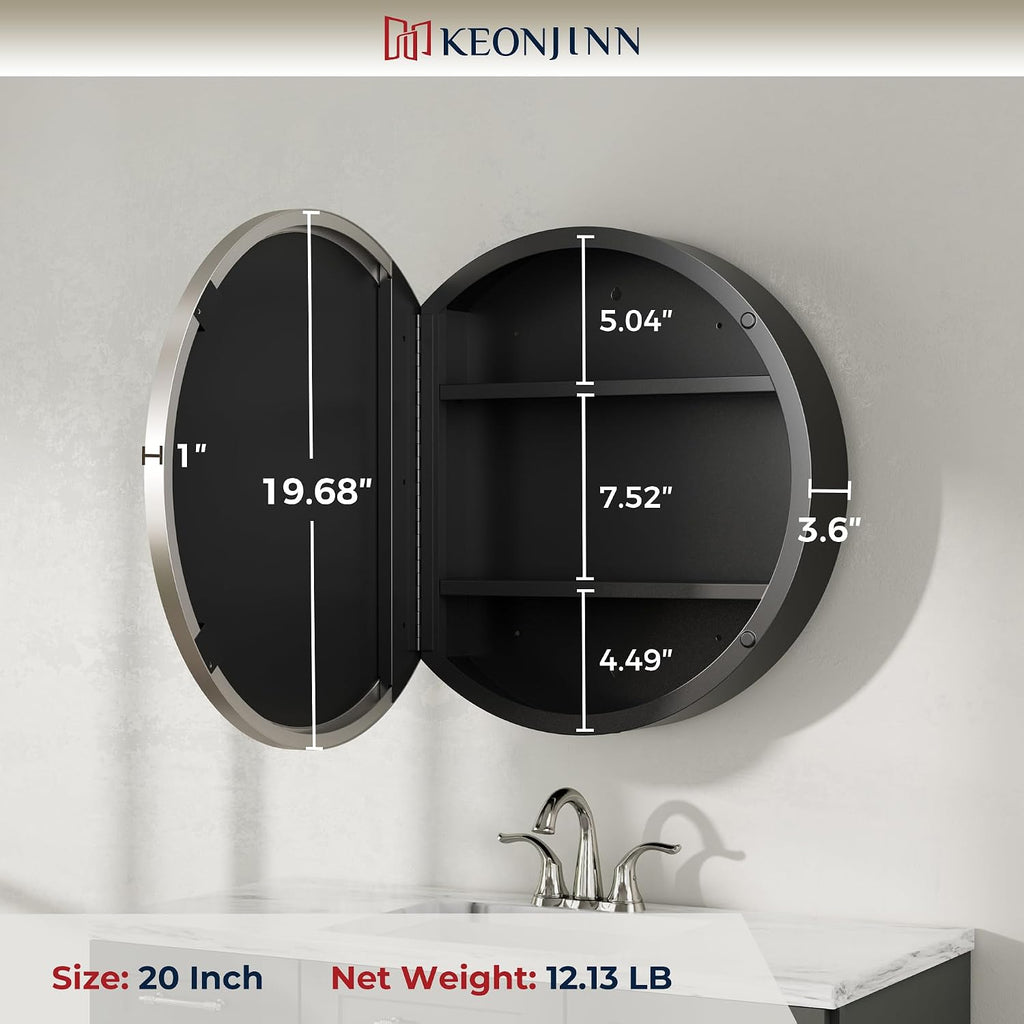20 Inch Round Medicine Cabinet with Mirror, Brushed Nickel Surface Mount Medicine Cabinet , Framed Circular Bathroom