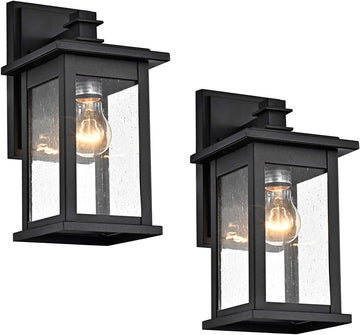 2-Pack Black Outdoor Wall Sconce, 12-Inch Modern Square Exterior Light Fixtures with Clear Seedy Glass