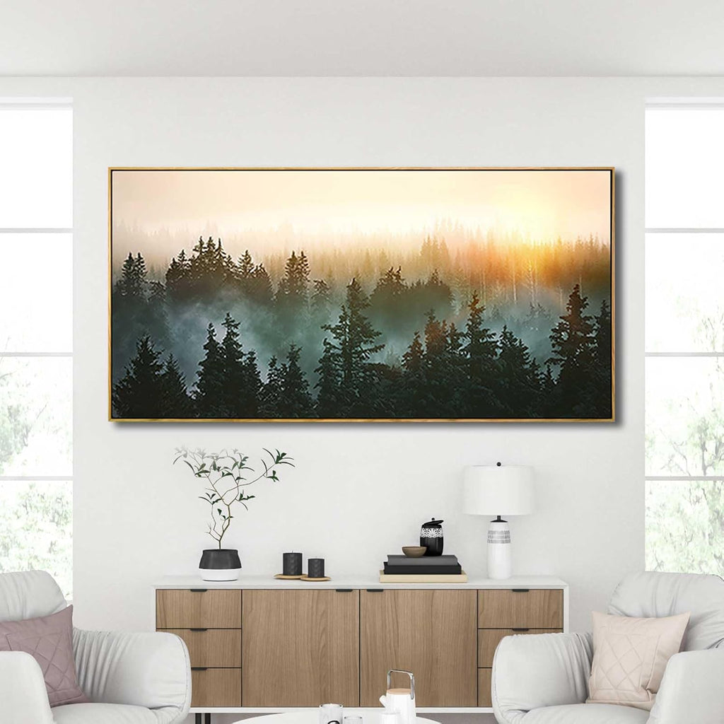 Large Foggy Forest Canvas Wall Art Landscape Mountain Painting Framed Wall Art Living Room Kitchen Office