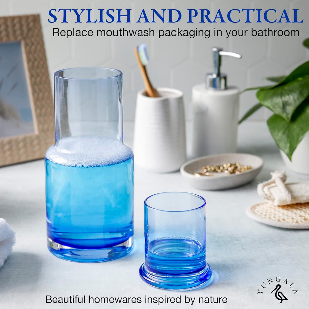 Ombre Blue Bedside Water Carafe and Glass Set, 5 oz Glass Carafe with Matching Glass Lid, Drip-Free Pour Design