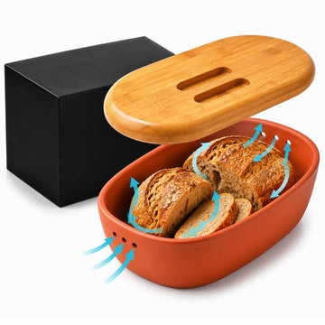 Terracotta Bread Saver Box with Gift Box, Internal 9.8"x5.1"x3.9" Small Bread Bin with Natural Bamboo Lid,Food-Safe