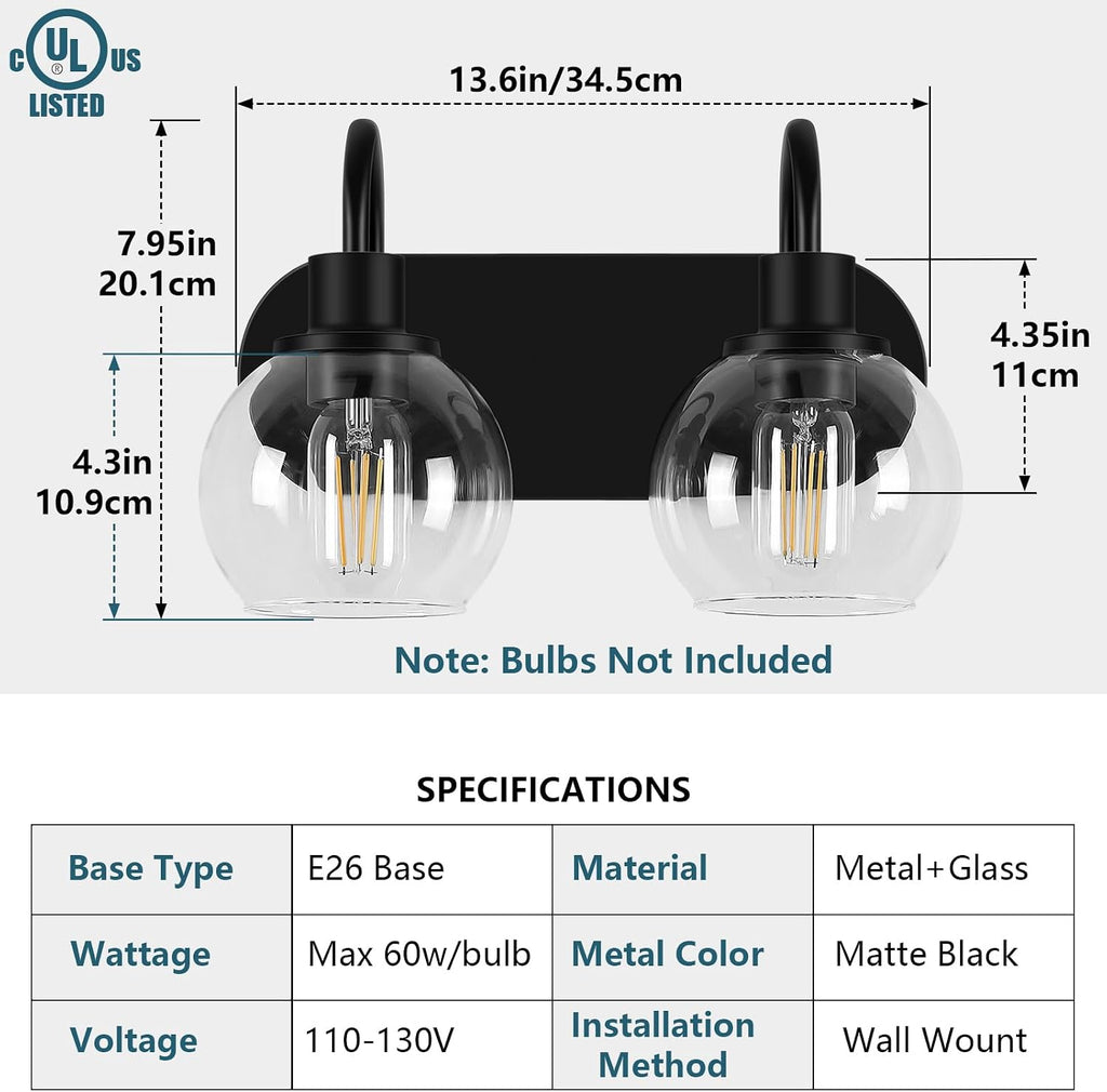 Modern 2-Light Vanity Light, Bathroom Lighting Fixture Over Mirror With Clear Glass Shade and Metal Base, Matte Black