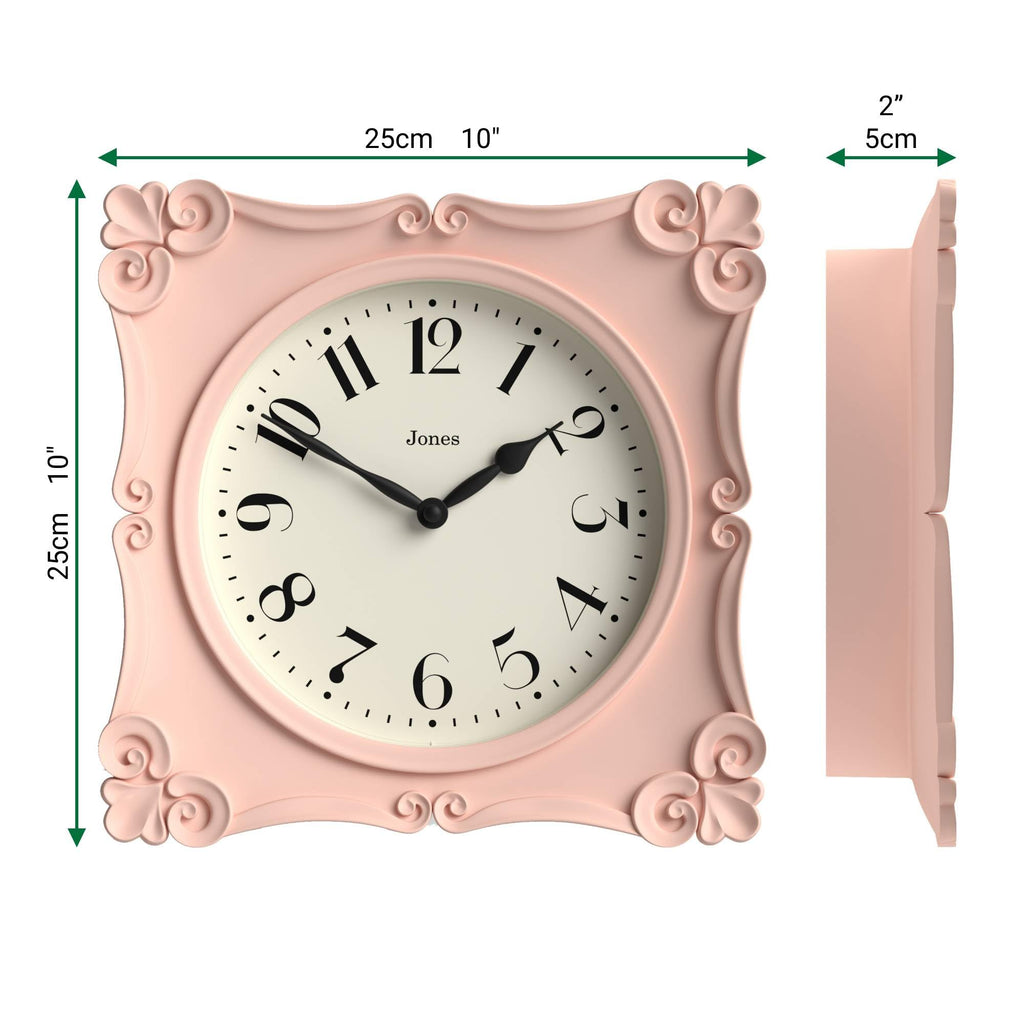 Rialto wall Clock | Ornate Square Clock | 10" | Pink