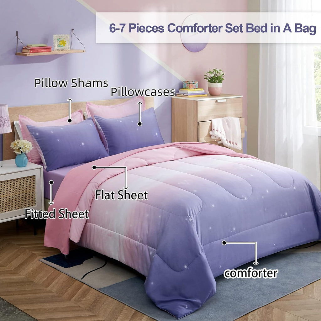 Girls Comforter Set / Colorful Ombre Pink Rainbow Bedding Set Bed in A Bag for Kid Teen Girls 7 PC