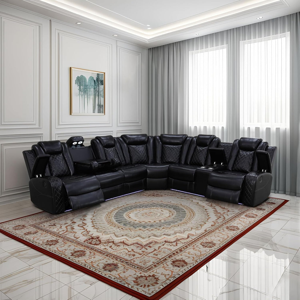 Power Recliner Sofa Sectional Sofa with LED Light for Living Room, Air Leather Reclining Corner Sectional Sofa Set